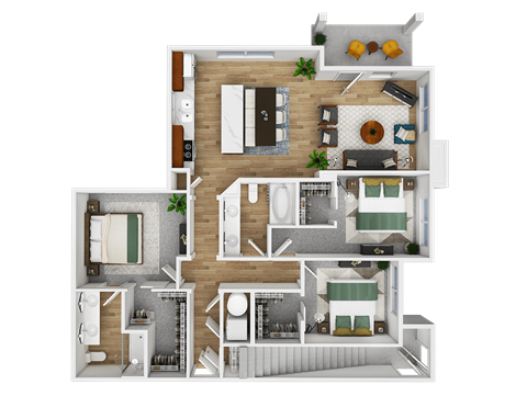 Floor plan for 3 beds, 2 baths, 1349 sqft